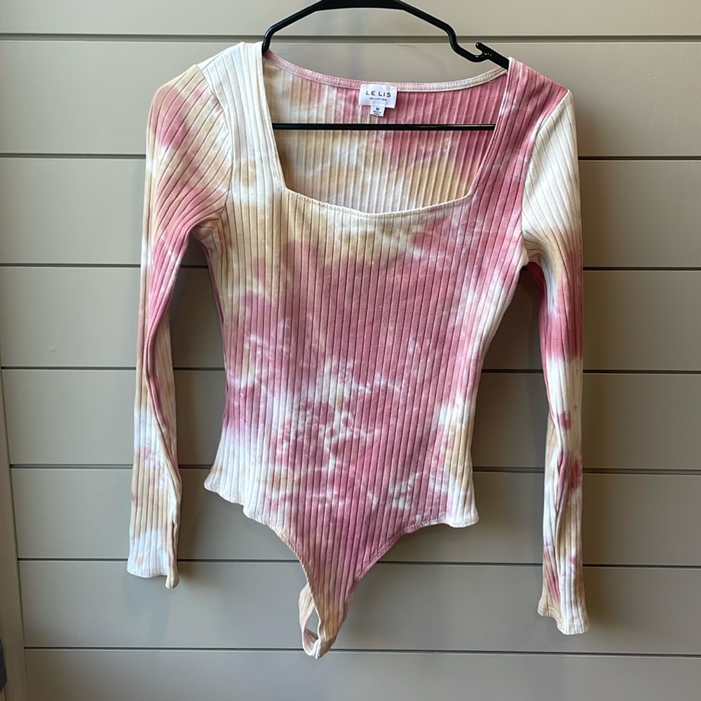 Vici Ribbed Square Neck Tie Dye Bodysuit - White Pink Tan - Medium